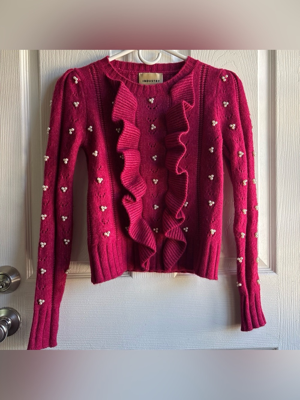 🌸 Industry Republic Pearl Beaded Ruffle Sweater Fuchsia Magenta